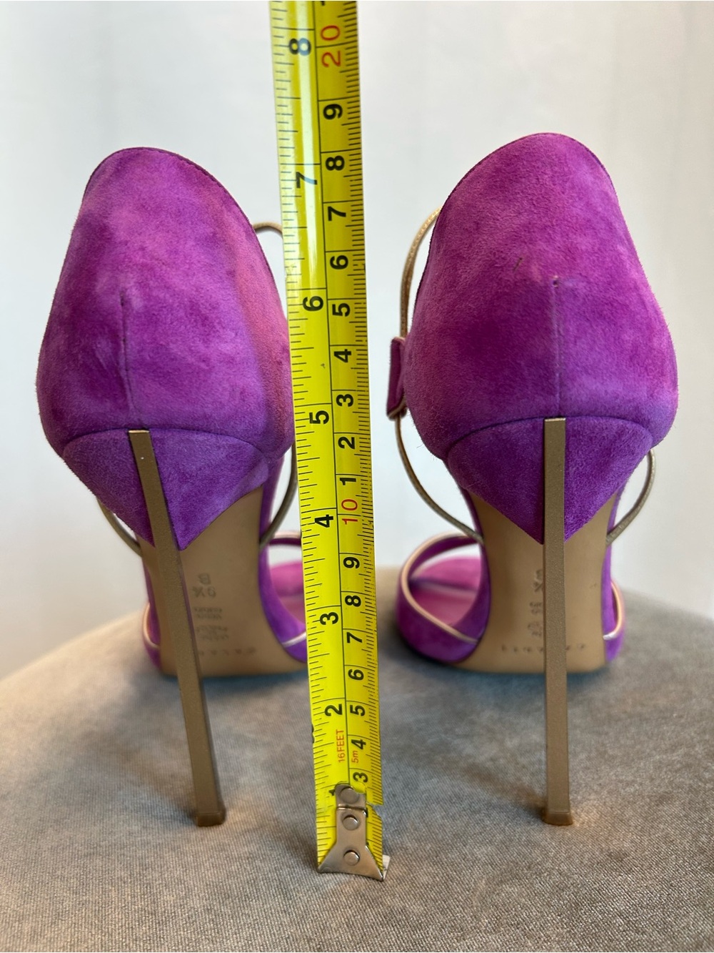 Casadei purple suede Blade high-heeled open toe sandals metallic gold strap 9.5 - Picture 6 of 9